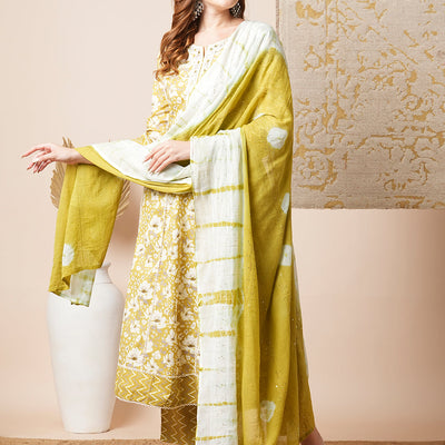 Floral & Chevron Printed Embroidered Anarkali with Pant & Tie Dyed Dupatta - Mustard Green