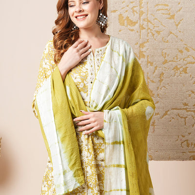 Floral & Chevron Printed Embroidered Anarkali with Pant & Tie Dyed Dupatta - Mustard Green