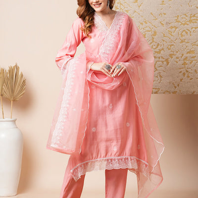 Floral Embroidered A-Line Kurta with Pant & Embroidered Dupatta - Peach