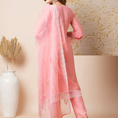 Floral Embroidered A-Line Kurta with Pant & Embroidered Dupatta - Peach