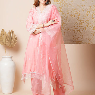 Floral Embroidered A-Line Kurta with Pant & Embroidered Dupatta - Peach