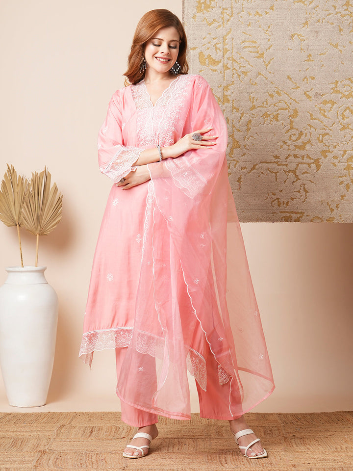 Floral Embroidered A-Line Kurta with Pant & Embroidered Dupatta - Peach