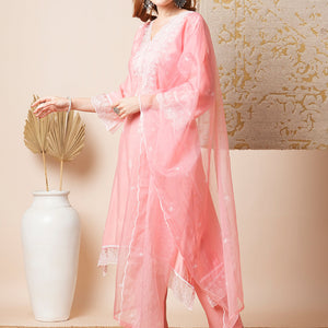 Floral Embroidered A-Line Kurta with Pant & Embroidered Dupatta - Peach