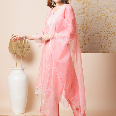 Floral Embroidered A-Line Kurta with Pant & Embroidered Dupatta - Peach