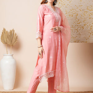 Floral Embroidered A-Line Kurta with Pant & Embroidered Dupatta - Peach