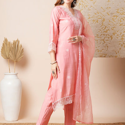 Floral Embroidered A-Line Kurta with Pant & Embroidered Dupatta - Peach