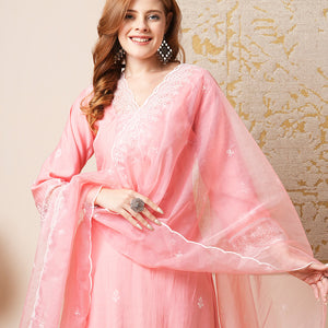 Floral Embroidered A-Line Kurta with Pant & Embroidered Dupatta - Peach