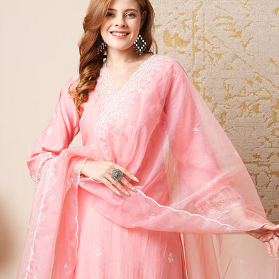 Floral Embroidered A-Line Kurta with Pant & Embroidered Dupatta - Peach