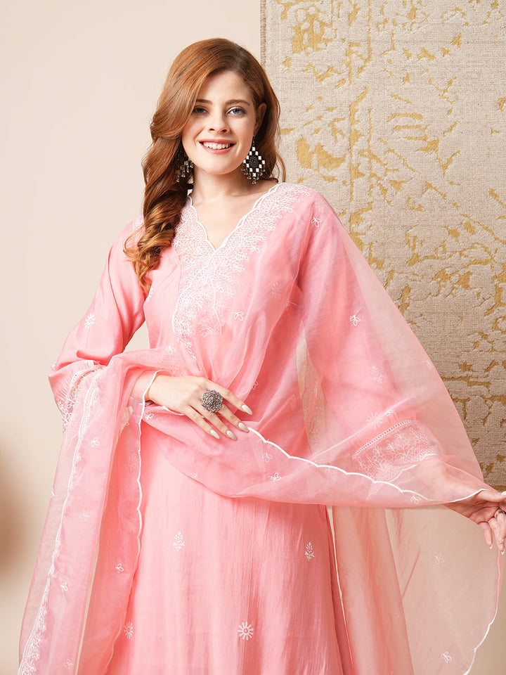 Floral Embroidered A-Line Kurta with Pant & Embroidered Dupatta - Peach