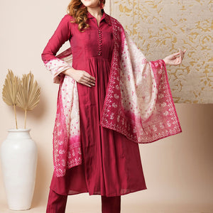 Solid Pin Tucked A-Line Paneled Kurta with Pant & Printed Dupatta - Maroon