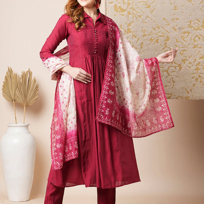 Solid Pin Tucked A-Line Paneled Kurta with Pant & Printed Dupatta - Maroon