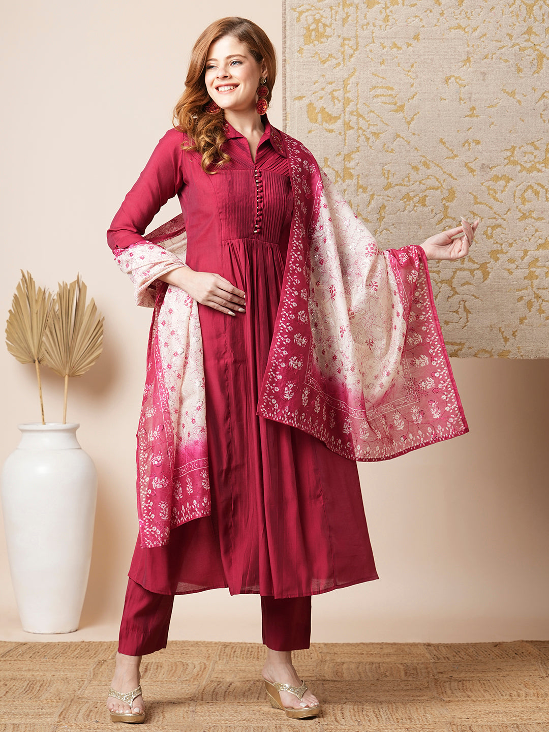 Solid Pin Tucked A-Line Paneled Kurta with Pant & Printed Dupatta - Maroon