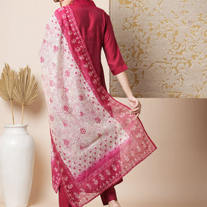 Solid Pin Tucked A-Line Paneled Kurta with Pant & Printed Dupatta - Maroon