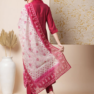 Solid Pin Tucked A-Line Paneled Kurta with Pant & Printed Dupatta - Maroon