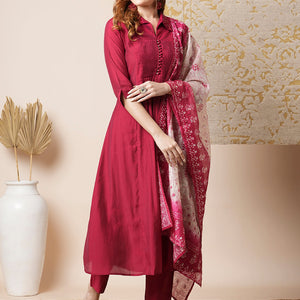 Solid Pin Tucked A-Line Paneled Kurta with Pant & Printed Dupatta - Maroon