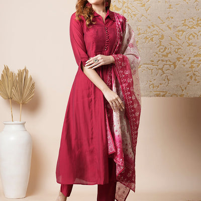 Solid Pin Tucked A-Line Paneled Kurta with Pant & Printed Dupatta - Maroon