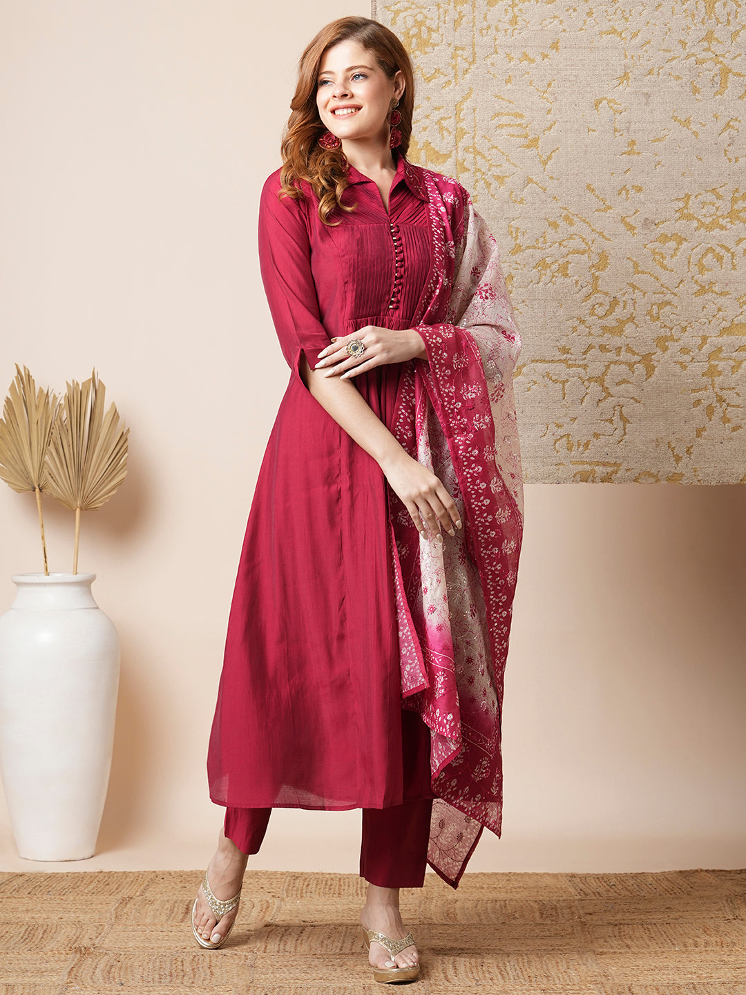 Solid Pin Tucked A-Line Paneled Kurta with Pant & Printed Dupatta - Maroon