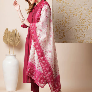 Solid Pin Tucked A-Line Paneled Kurta with Pant & Printed Dupatta - Maroon