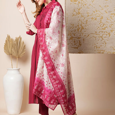 Solid Pin Tucked A-Line Paneled Kurta with Pant & Printed Dupatta - Maroon