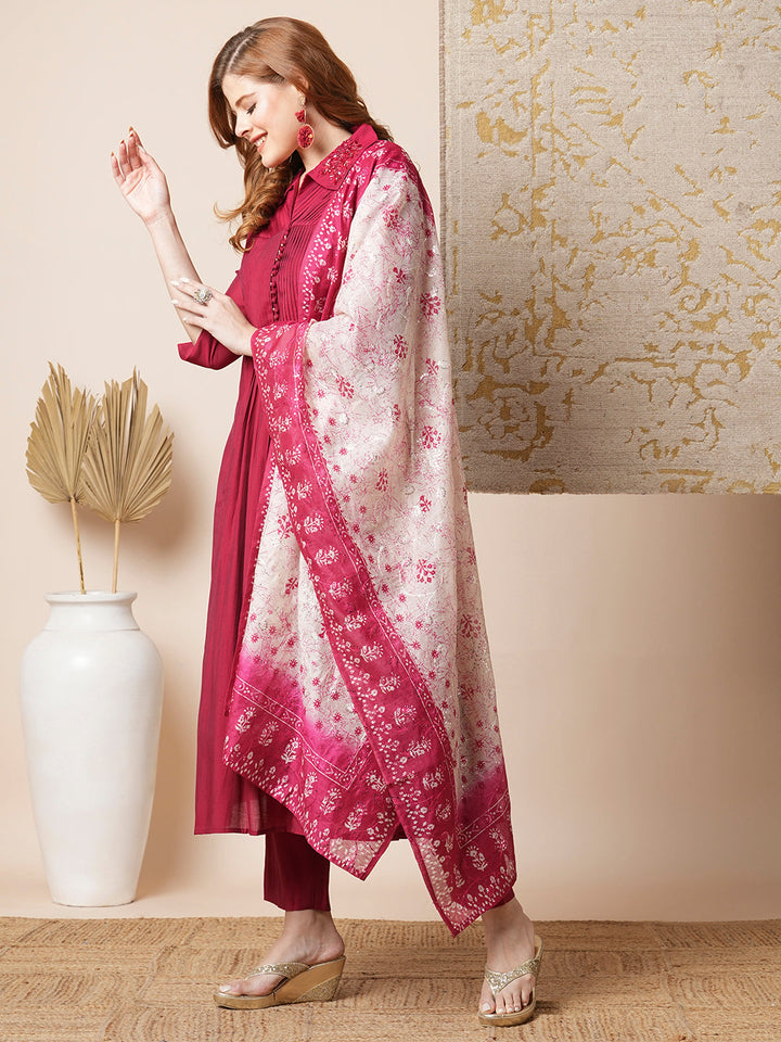 Solid Pin Tucked A-Line Paneled Kurta with Pant & Printed Dupatta - Maroon