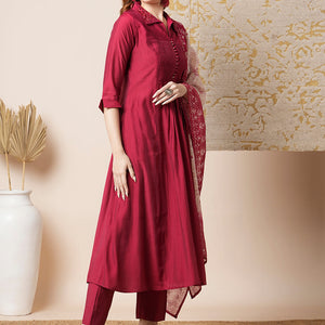 Solid Pin Tucked A-Line Paneled Kurta with Pant & Printed Dupatta - Maroon