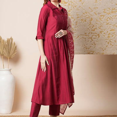 Solid Pin Tucked A-Line Paneled Kurta with Pant & Printed Dupatta - Maroon