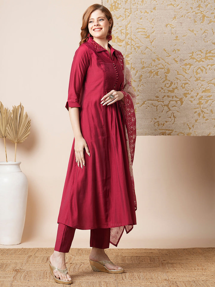 Solid Pin Tucked A-Line Paneled Kurta with Pant & Printed Dupatta - Maroon