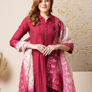 Solid Pin Tucked A-Line Paneled Kurta with Pant & Printed Dupatta - Maroon
