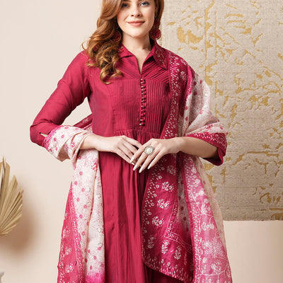 Solid Pin Tucked A-Line Paneled Kurta with Pant & Printed Dupatta - Maroon