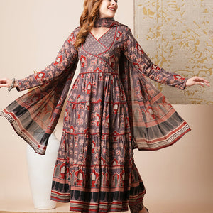 Ethnic Printed Embroidered A-Line Tiered Flared Kurta with Pant and Dupatta - Grey