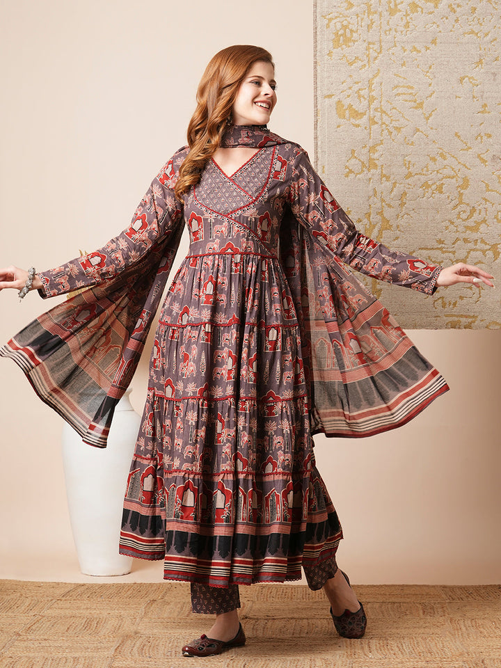 Ethnic Printed Embroidered A-Line Tiered Flared Kurta with Pant and Dupatta - Grey