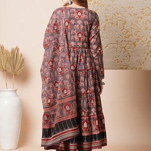 Ethnic Printed Embroidered A-Line Tiered Flared Kurta with Pant and Dupatta - Grey
