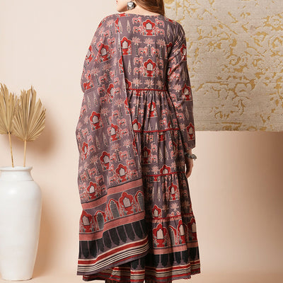 Ethnic Printed Embroidered A-Line Tiered Flared Kurta with Pant and Dupatta - Grey
