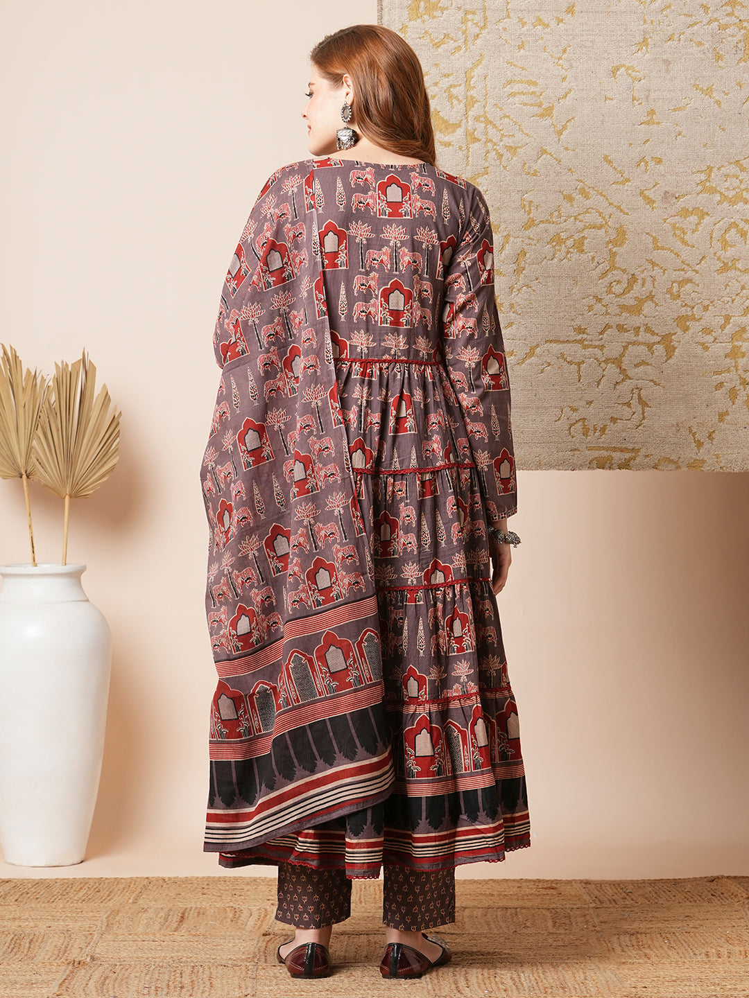 Ethnic Printed Embroidered A-Line Tiered Flared Kurta with Pant and Dupatta - Grey