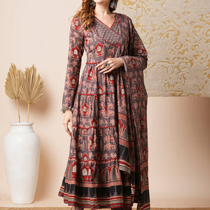 Ethnic Printed Embroidered A-Line Tiered Flared Kurta with Pant and Dupatta - Grey