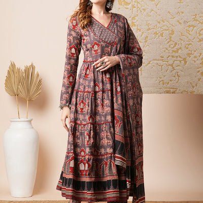 Ethnic Printed Embroidered A-Line Tiered Flared Kurta with Pant and Dupatta - Grey