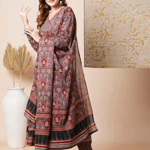 Ethnic Printed Embroidered A-Line Tiered Flared Kurta with Pant and Dupatta - Grey