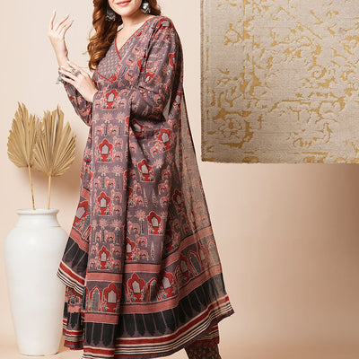 Ethnic Printed Embroidered A-Line Tiered Flared Kurta with Pant and Dupatta - Grey