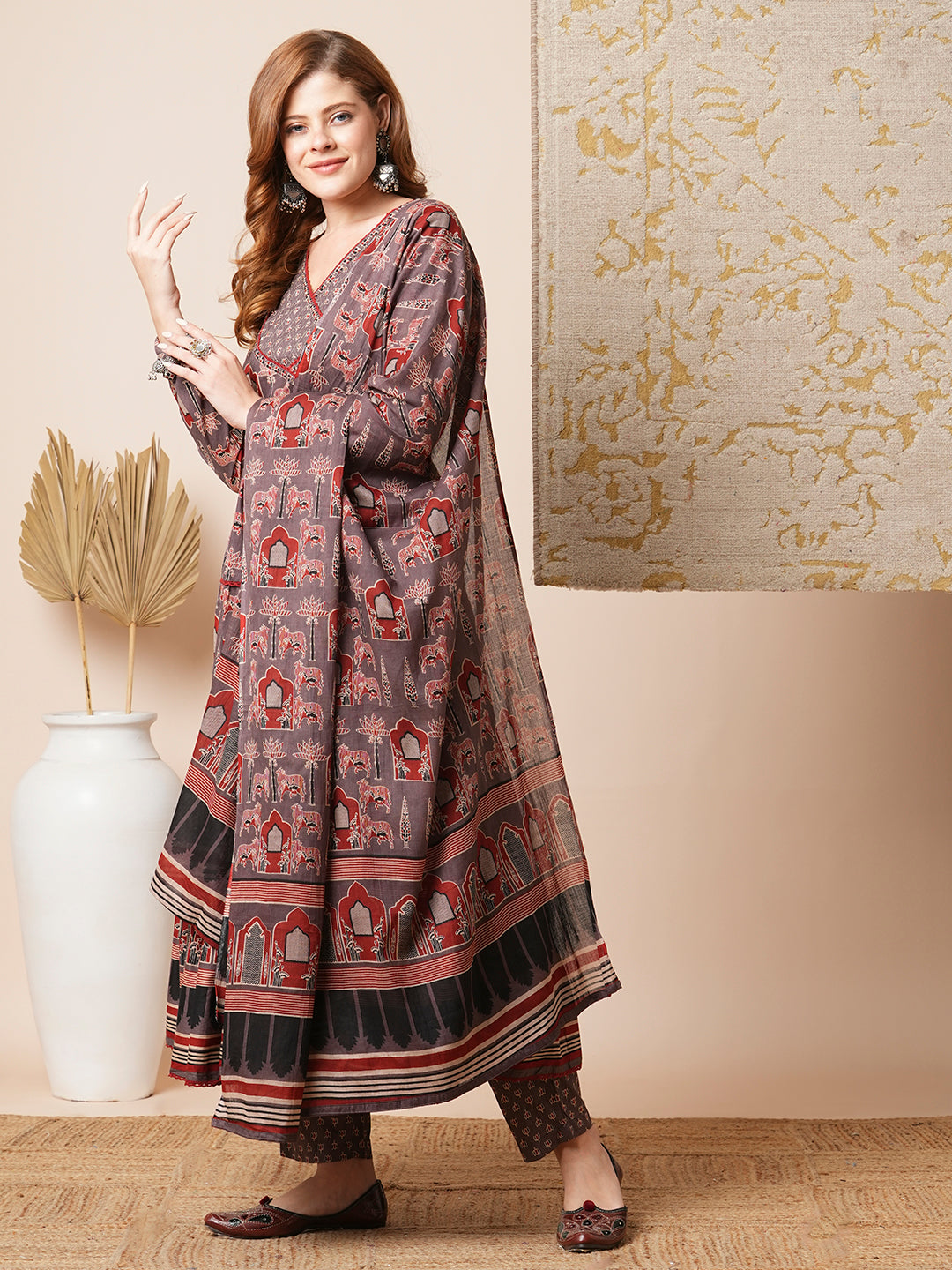 Ethnic Printed Embroidered A-Line Tiered Flared Kurta with Pant and Dupatta - Grey