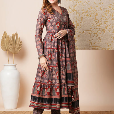 Ethnic Printed Embroidered A-Line Tiered Flared Kurta with Pant and Dupatta - Grey