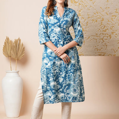 Abstract Floral Printed Straight Fit Kurta - Blue