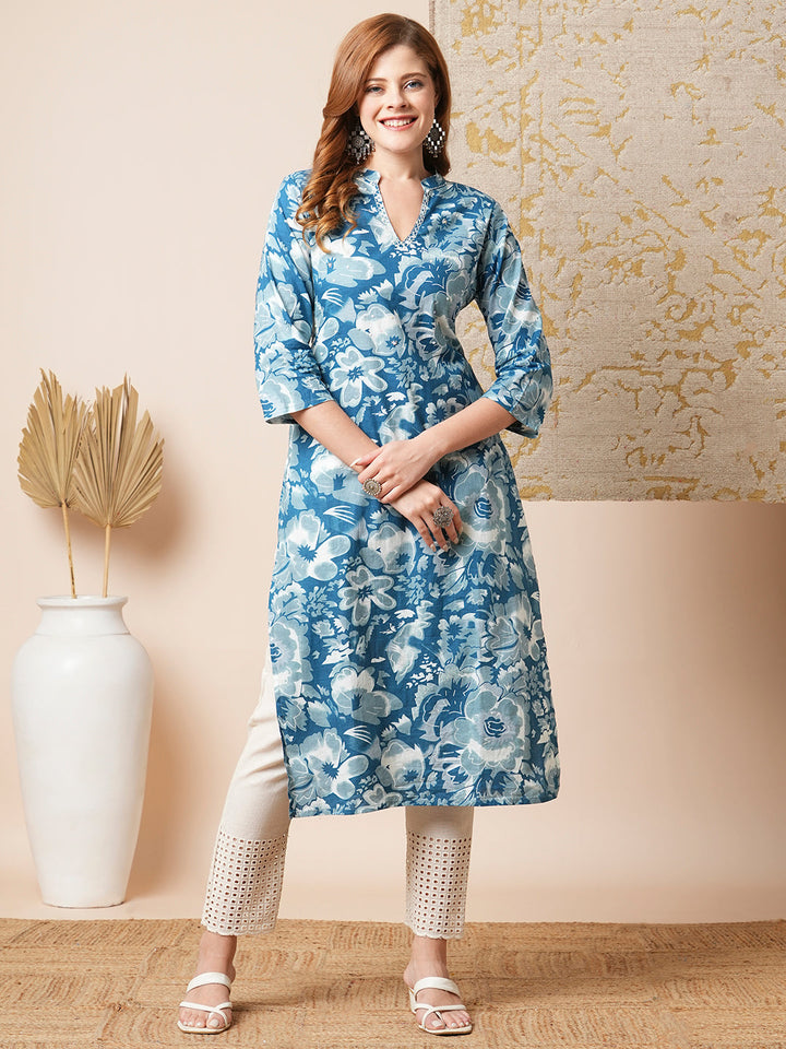 Abstract Floral Printed Straight Fit Kurta - Blue