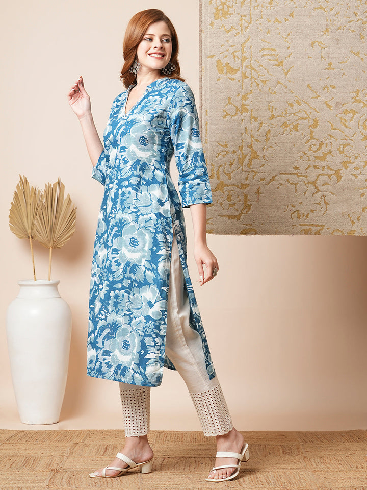 Abstract Floral Printed Straight Fit Kurta - Blue