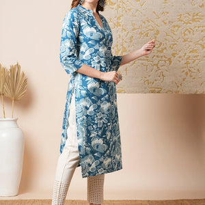Abstract Floral Printed Straight Fit Kurta - Blue