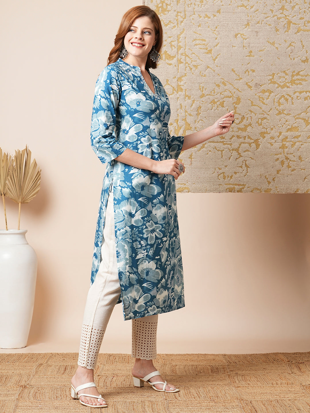 Abstract Floral Printed Straight Fit Kurta - Blue