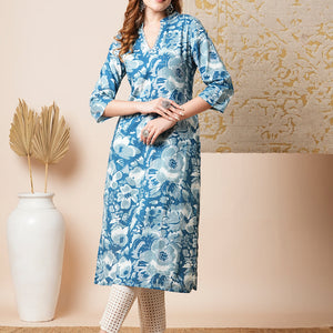Abstract Floral Printed Straight Fit Kurta - Blue