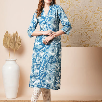Abstract Floral Printed Straight Fit Kurta - Blue