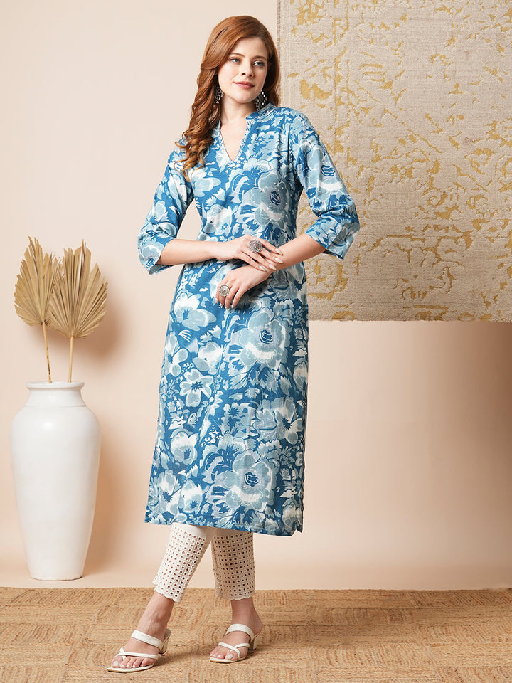 Abstract Floral Printed Straight Fit Kurta - Blue