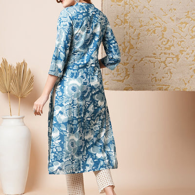 Abstract Floral Printed Straight Fit Kurta - Blue