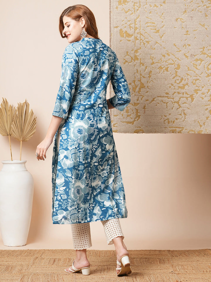 Abstract Floral Printed Straight Fit Kurta - Blue